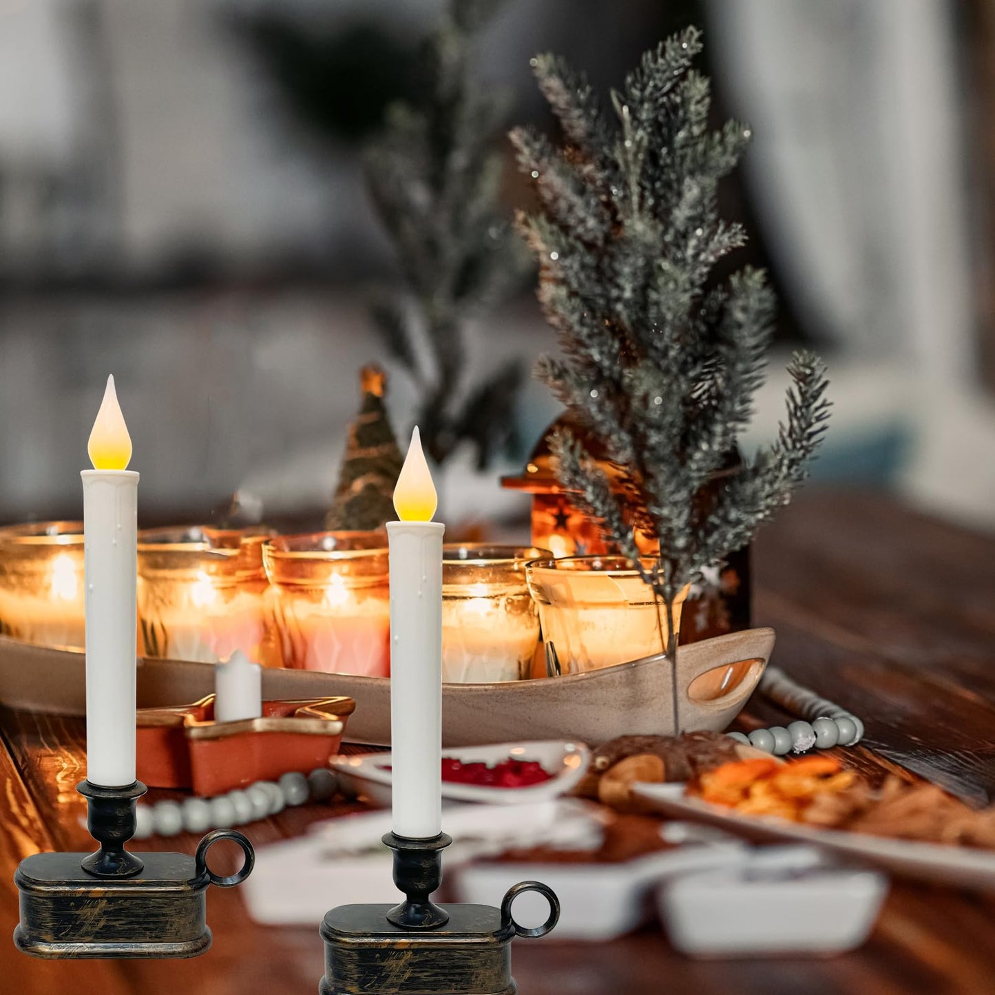 GOOTHY Set of 4 Battery Operated LED Window Candles, Dusk to Dawn Light Sensor, Flicker Flame Christmas Window Candles with Bronze Base, 10 Inch Flameless Taper Candle for Table Bedroom Christmas