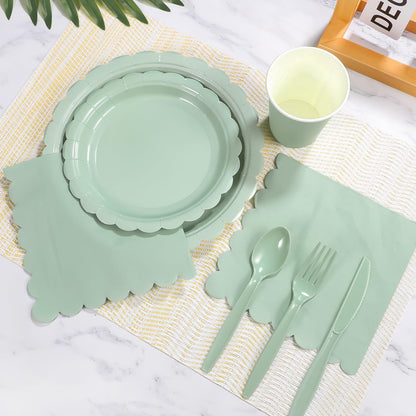 Xiangqu 175 Pcs Sage Green Paper Plates and Napkins, Sage Green Party Supplies Include Green Scalloped Plate Paper Napkin Cup Plastic Cutlery for Baby Shower, Wedding, Birthday