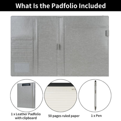 Wonderpool A4 PU Leather Clipboard Partfolio Notepad Forms Holders Document Case - Interview Planner Meeting Writing Padfolio File for Office Travel School Hotel (Grey, A4)