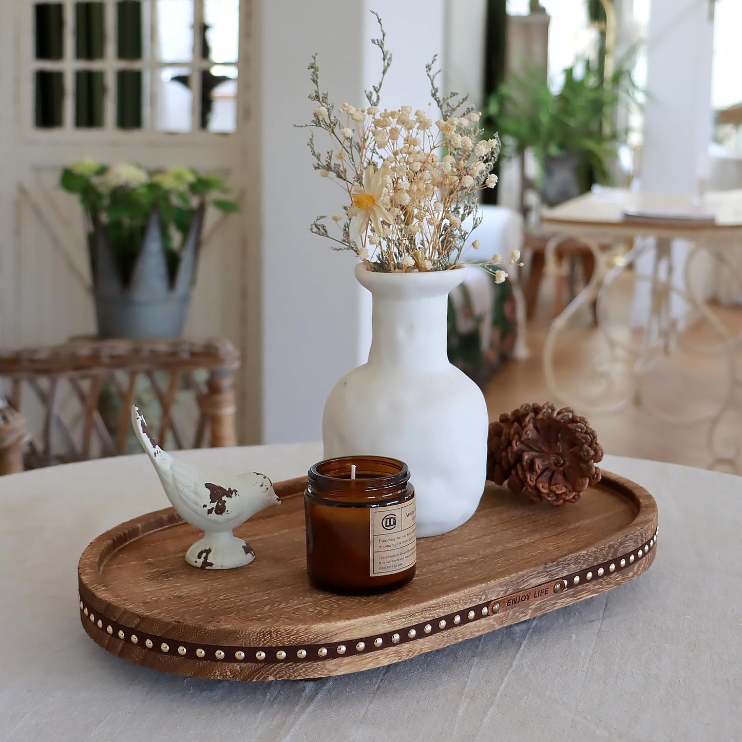 Decor Decorative Round Tray 11.81in for Home Decor for Coffee Table Farmhouse Kitchen Table Living Room Bathroom Centerpiece Tray Decor Oval Rustic