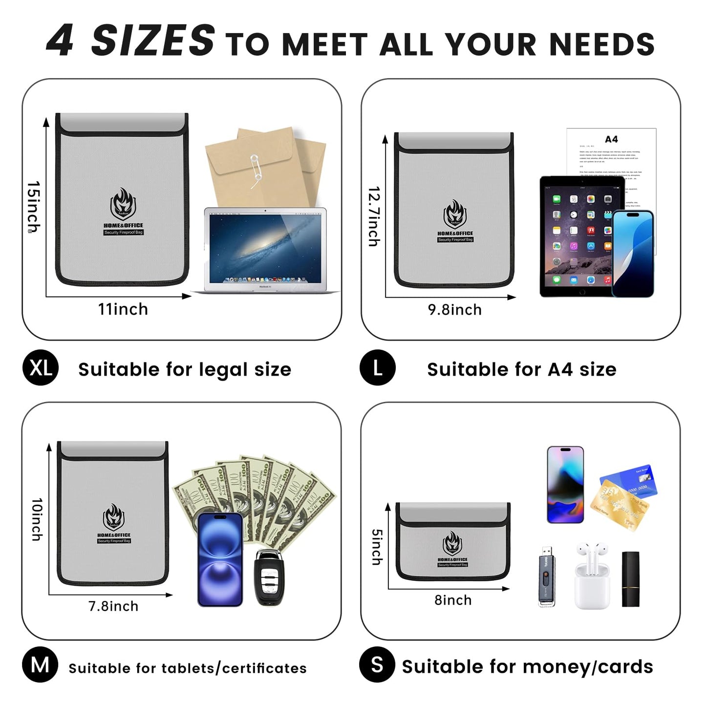 Andyer 4 Pack Fireproof Document Bags, Waterproof Document Pouch Holder with Zipper, Fire Proof Money Bag for Cash, Fireproof Envelope Fire Safe Bag, Fire Resistant Storage for Legal/A4 Size (Gray)