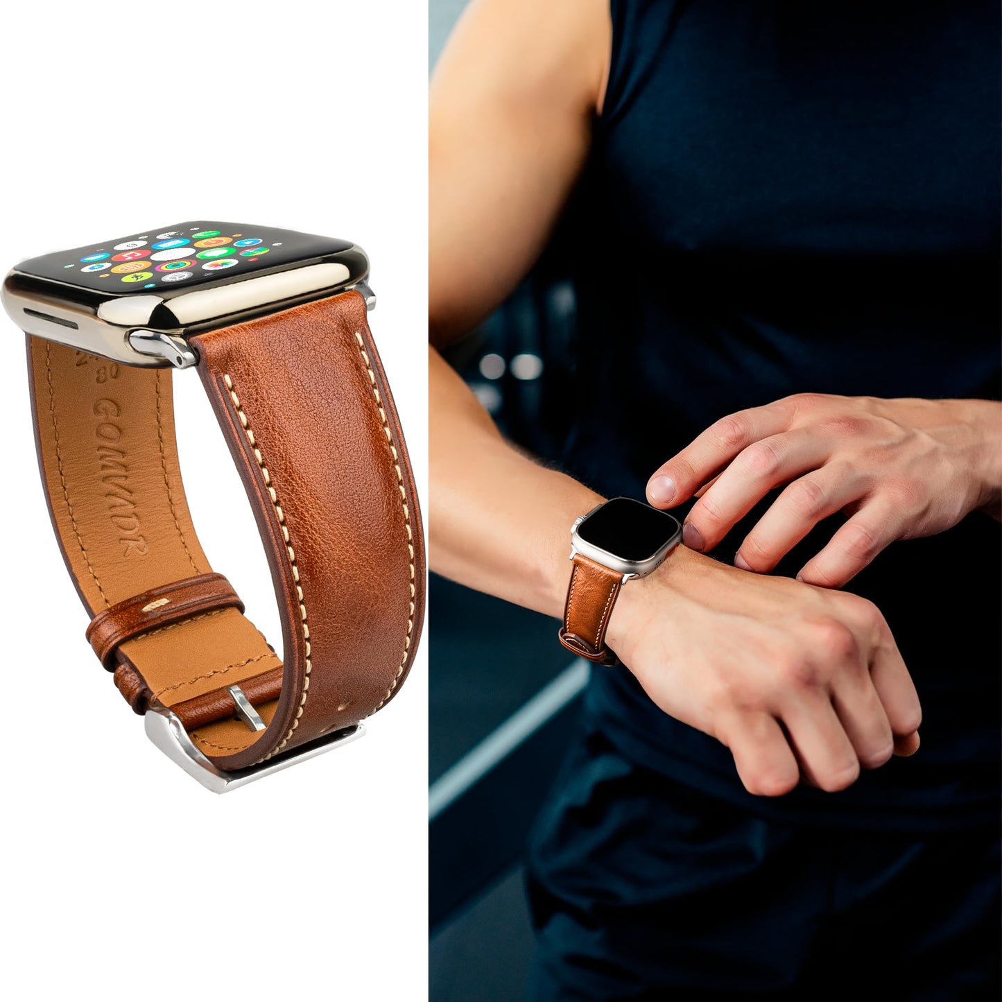 Gomvadr Leather Bands Compatible with Men's Apple Watch Band 49mm Ultra, Replacement Leather Strap for Mens iWatch Ultra 3/2/1 (Cognac/Silver, Ultra 2/1)