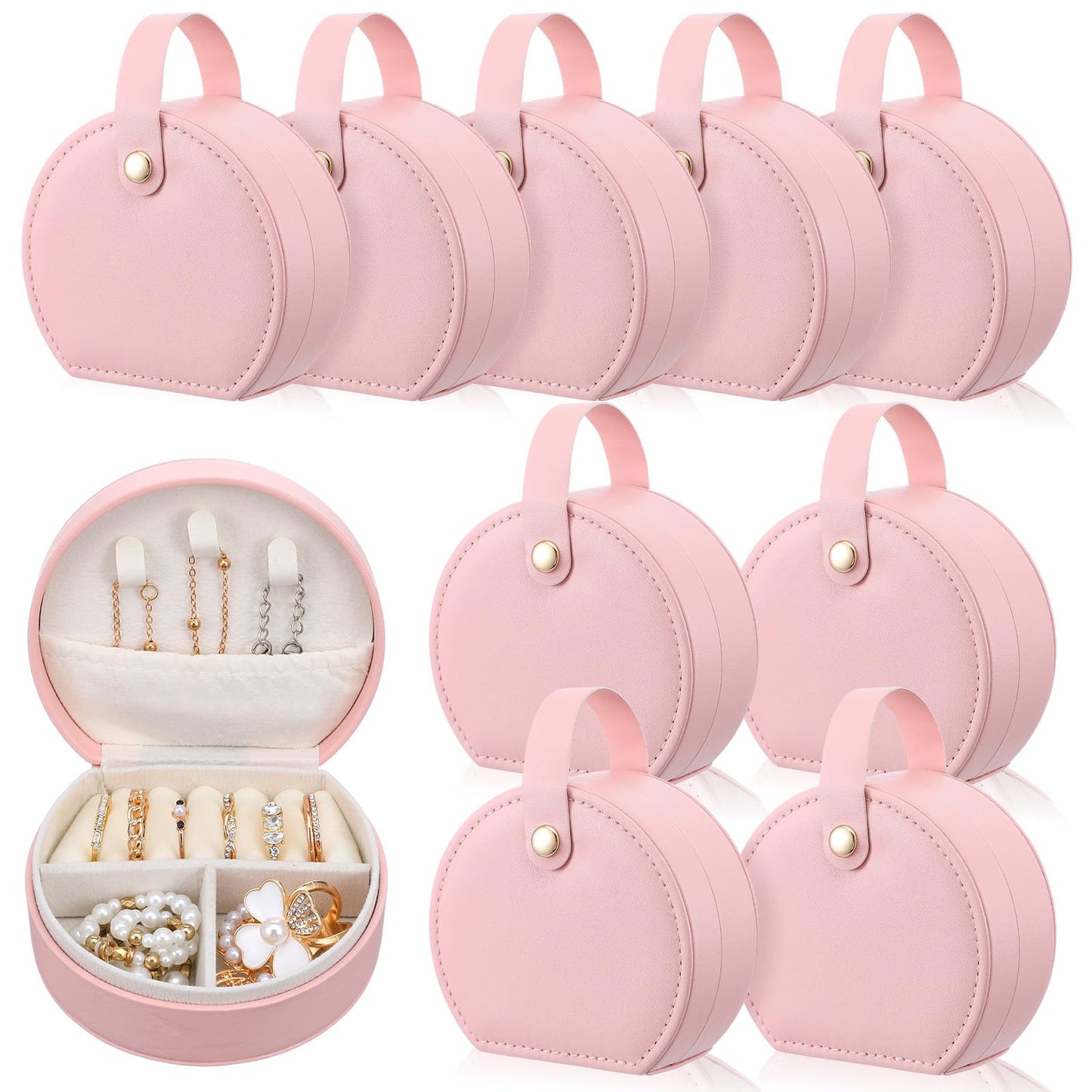 10 Pack Travel Jewelry Case Mini Leather Bridesmaid Jewelry Gift Box Bulk, Half Moon Design, Detachable Handle, Small Earring Storage Organizer for Women Girls Bridesmaid Proposal Gifts(Pink)