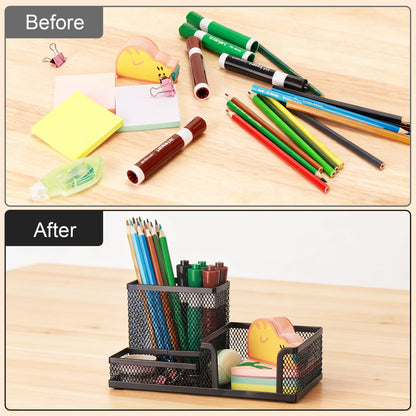 Comix Mesh Pen Pencil Holder Desk Organizer, 3 Compartment Wire Desktop Pen Pencil Cup Caddy Office Supplies Desk Accessories for Home Office School, Black
