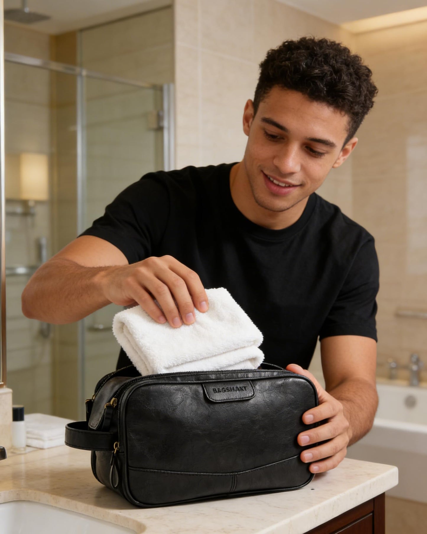 BAGSMART Large Toiletry Bag for Men, High-gloss PU Leather Travel Bag for Toiletries, Dopp Kit Water Resistant Shaving Bag for Bathroom Shower-Black