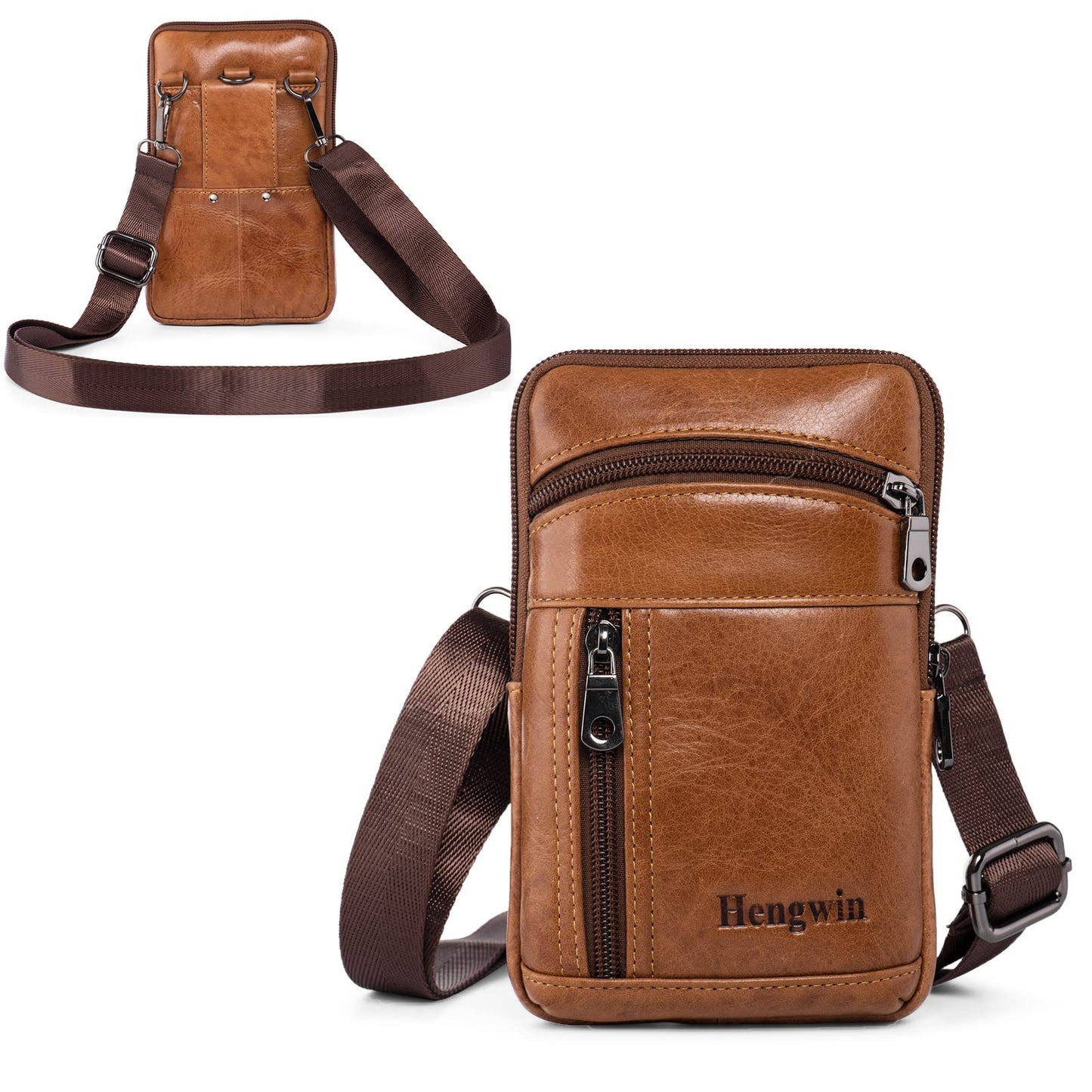 Hengwin Leather Phone Holster Fits for iPhone 16 15 14 13 12 11 Pro Max Samsung Galaxy S25 Ultra S24 Ultra S23+ A15 Wallet Case with Belt Clip Pouch Crossbody Cell Phone Purse Men Shoulder Bag (Brown)