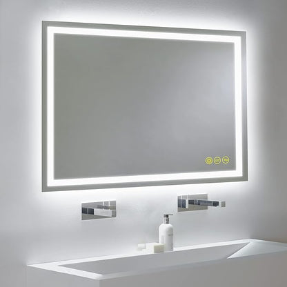 Wall-Mounted LED Square Bathroom Mirror, Makeup Mirror (36inches x 30inches,) 3 Color Stepless Dimmable Memory Bathroom Vanity Mirror with Lights CRI90+ 3000-6400K Smart Mirror with Touch