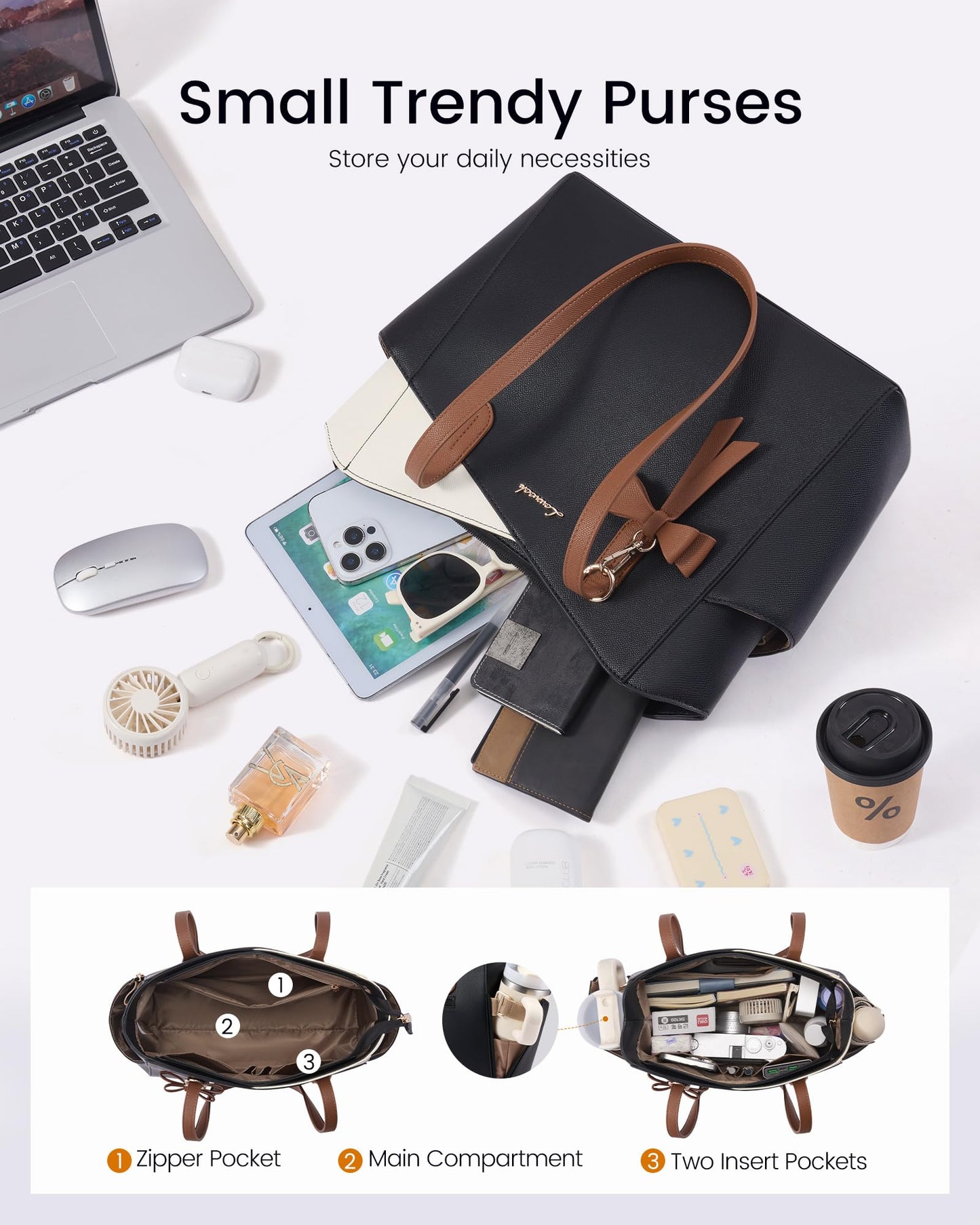 LOVEVOOK Small Tote Purse for Women, 2026 Structured PU Leather Handbags with Top Handle, Elegant Satchel Shoulder Bag Black-White-Brown