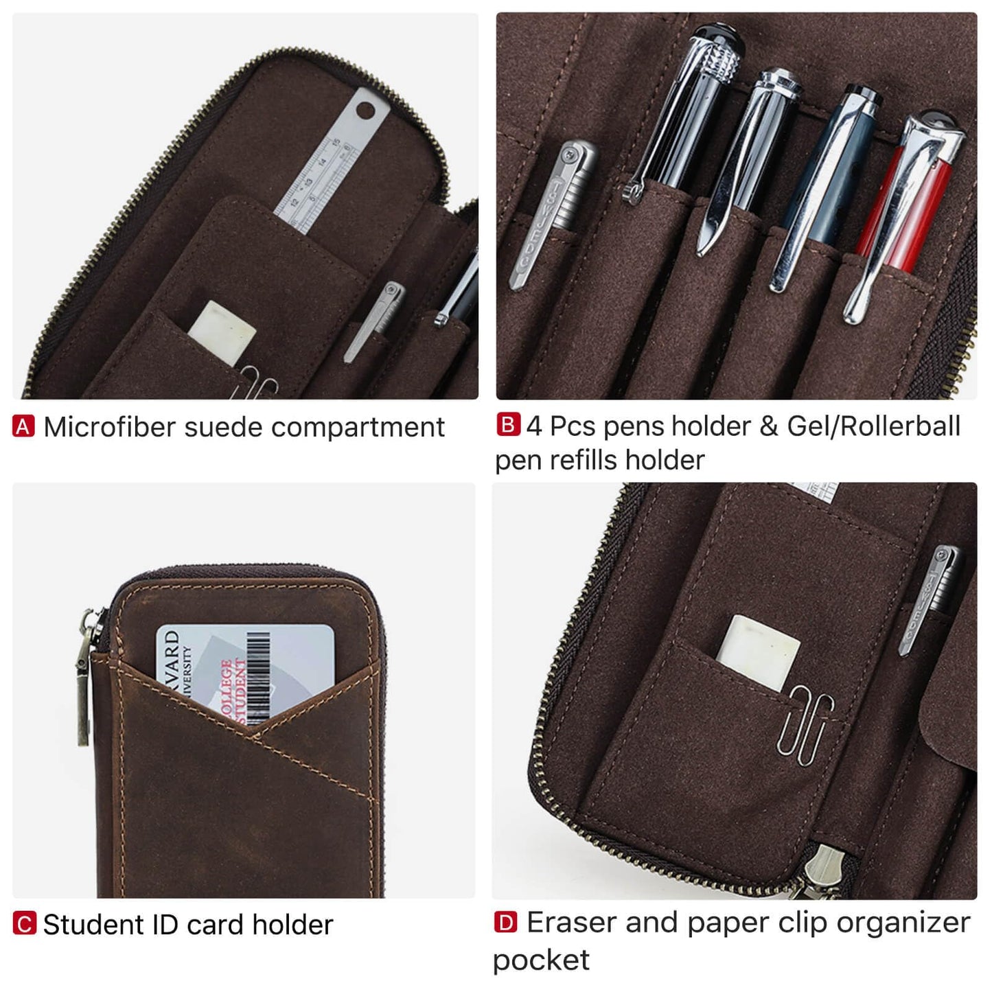 Hiram Handmade 4-Pen Case, Triple-Zip Crazy-Horse Leather Pouch with Microfiber Suede Lining, Heart-Stamped, Fountain/Ballpoint Box, Vintage Executive Stationery Storage(Coffee)