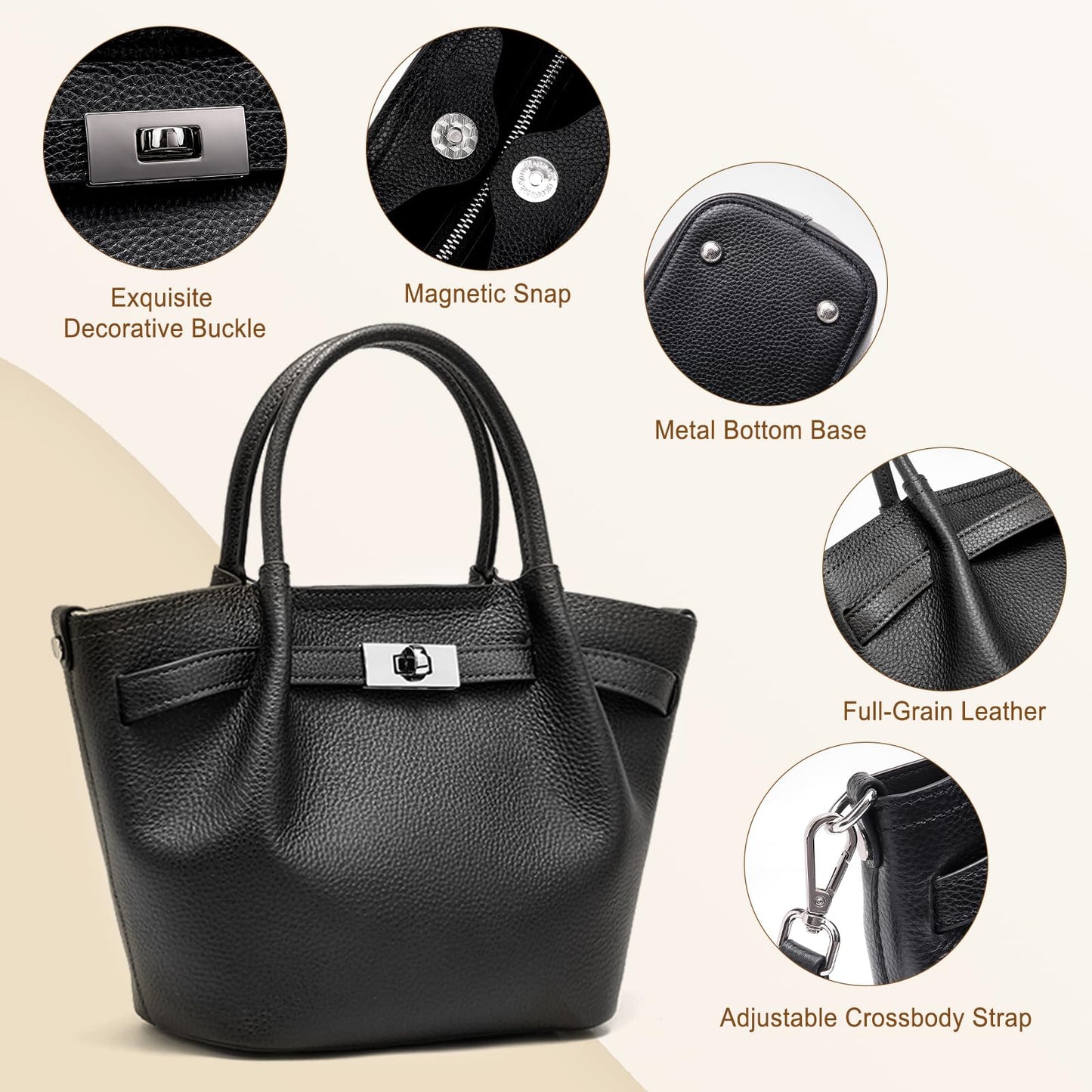 Genuine Leather Bucket Bags for Women: Small Tote Purses for Ladies Luxury Designer Crossbody Satchel Handbags(Black)