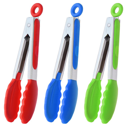 Small Silicone Tongs 7-Inch Mini Serving Tongs, Set of 3 (Black Gray White)