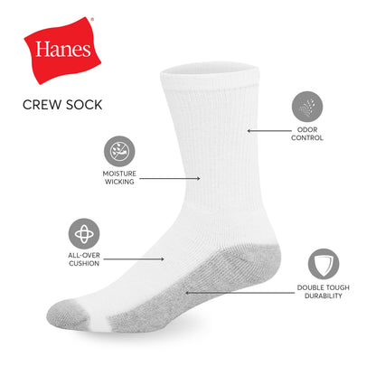 Hanes Mens Double Tough Socks, 12-pair Pack Crew Socks, White/Grey Foot Bottom, 6-12
