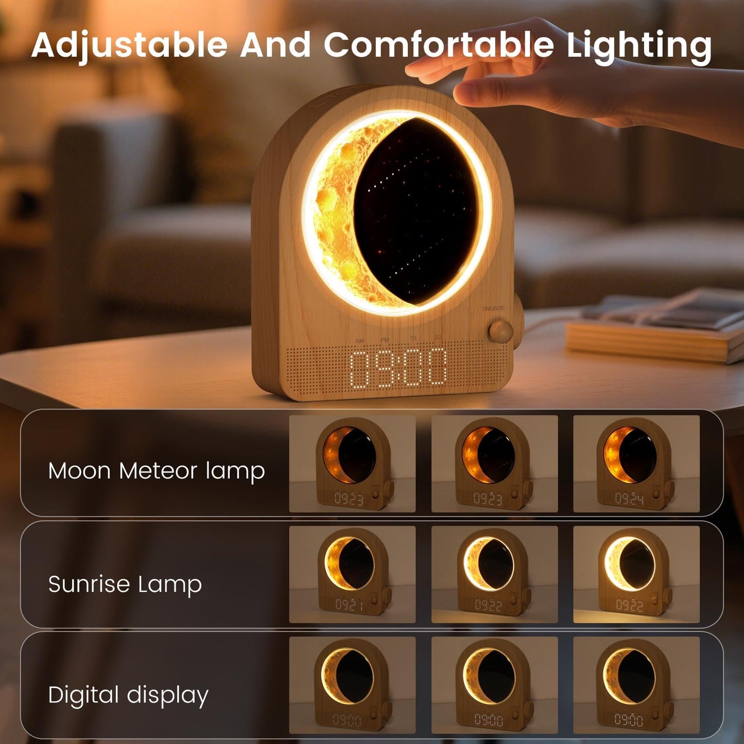Epochleno Sunrise Alarm Clock, White Noise Machine & Meteor Moonlight - 10 Soothing Sounds, Dual Alarms, 30/60/90min Timer, Easy Snooze - Bedroom Gift for Insomnia Adults/Women - Wood Grain