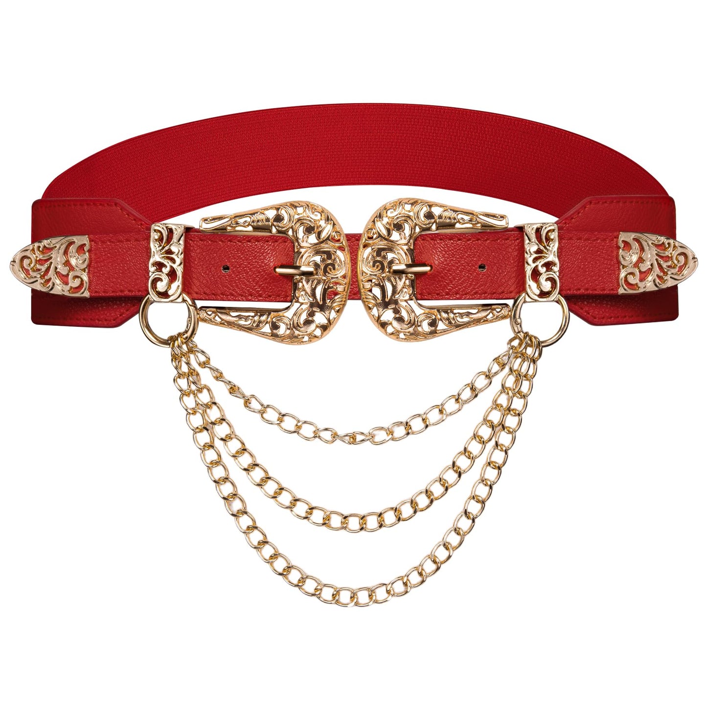 Barry.Wang Women Double Western Belt Vintage Leather Red Belt Gold Buckle Design Elastic Waist Chain Jeans Dresses Cowgirl