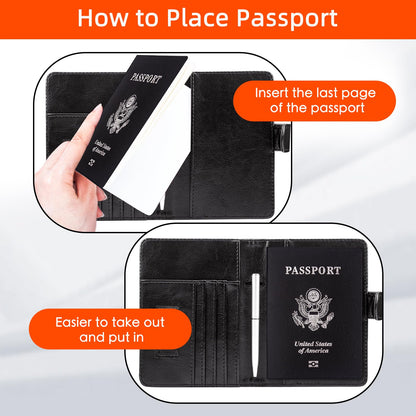 WALNEW Passport Holder for Travel, RFID Passport Cover Wallet for Women Men, PU Leather Passport Book Card Holder Case with Pen, Travelling Essentials for Flying