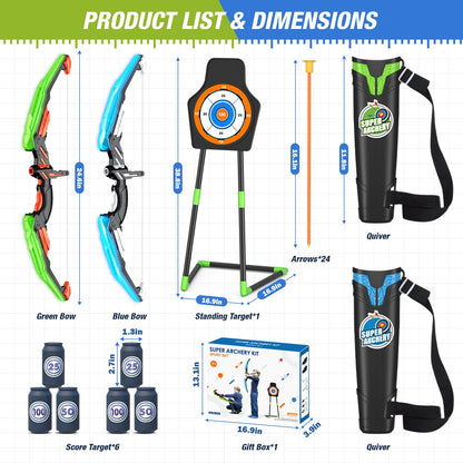HYES 2 Pack Bow and Arrow for Kids, LED Light Up Archery Set with 24 Suction Cup Arrows, 1 Standing Target, 6 Score Targets & 2 Quiver, Indoor Outdoor Sport Gifts for Boys Girls Ages 4-8