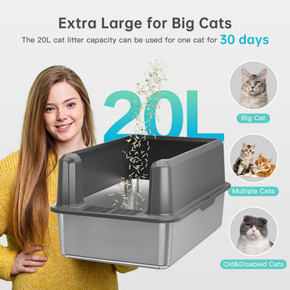 WoofiGo Enclosed Stainless Steel Cat Litter Box with Lid, XL Extra Large Litter Box for Big Cats, Metal Litter Pan High Sided, Never Absorbs Odors, Anti-Urine Leakage, Easy Cleaning, Include Scoop