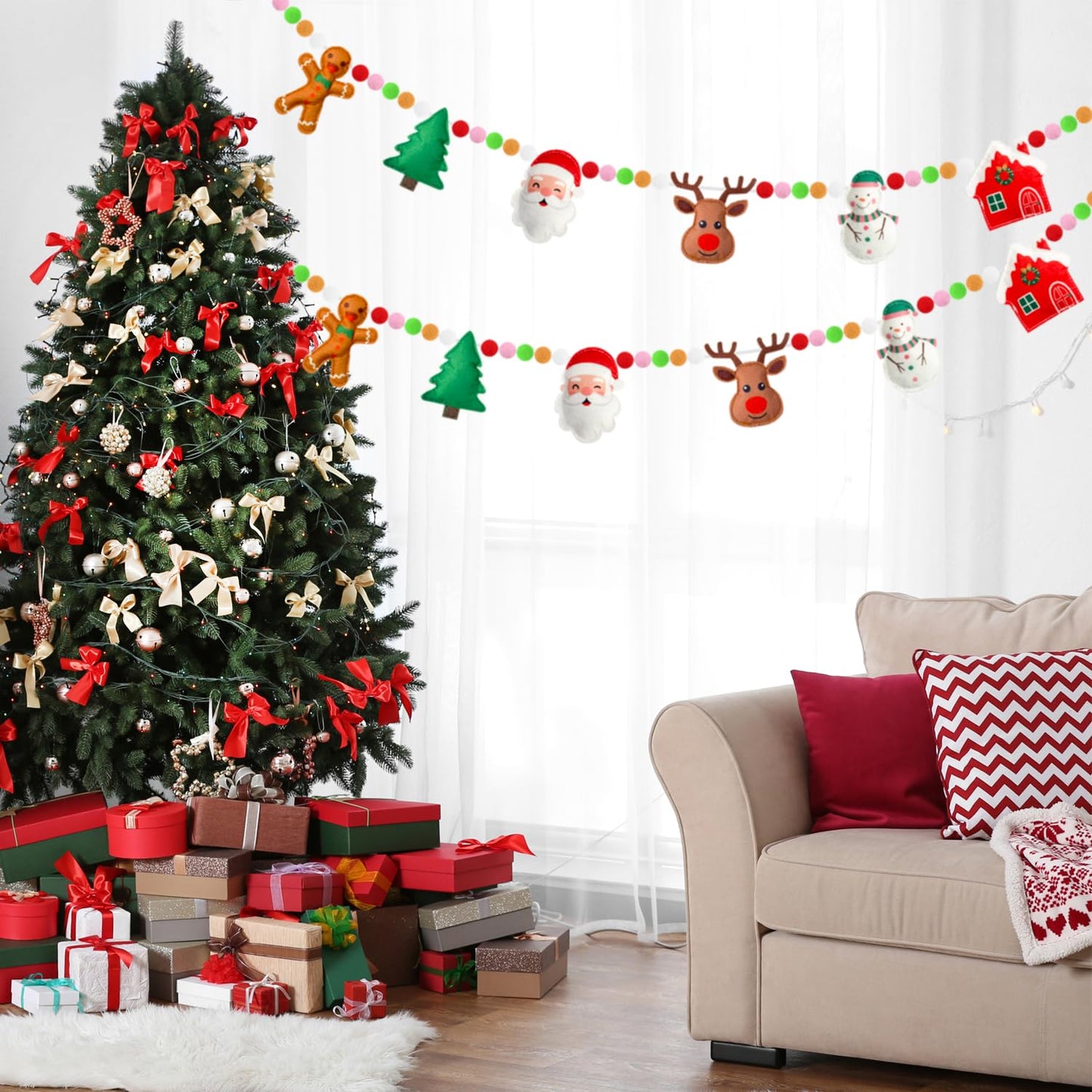Doumeny 3D Christmas Felt Ball Garland Xmas Gingerbread Man House Garland Bunting Christmas Tree Felt Bunting Banner Santa Claus Snowman Elk Hanging Banner Winter Party Flag for Home Mantel Wall Decor
