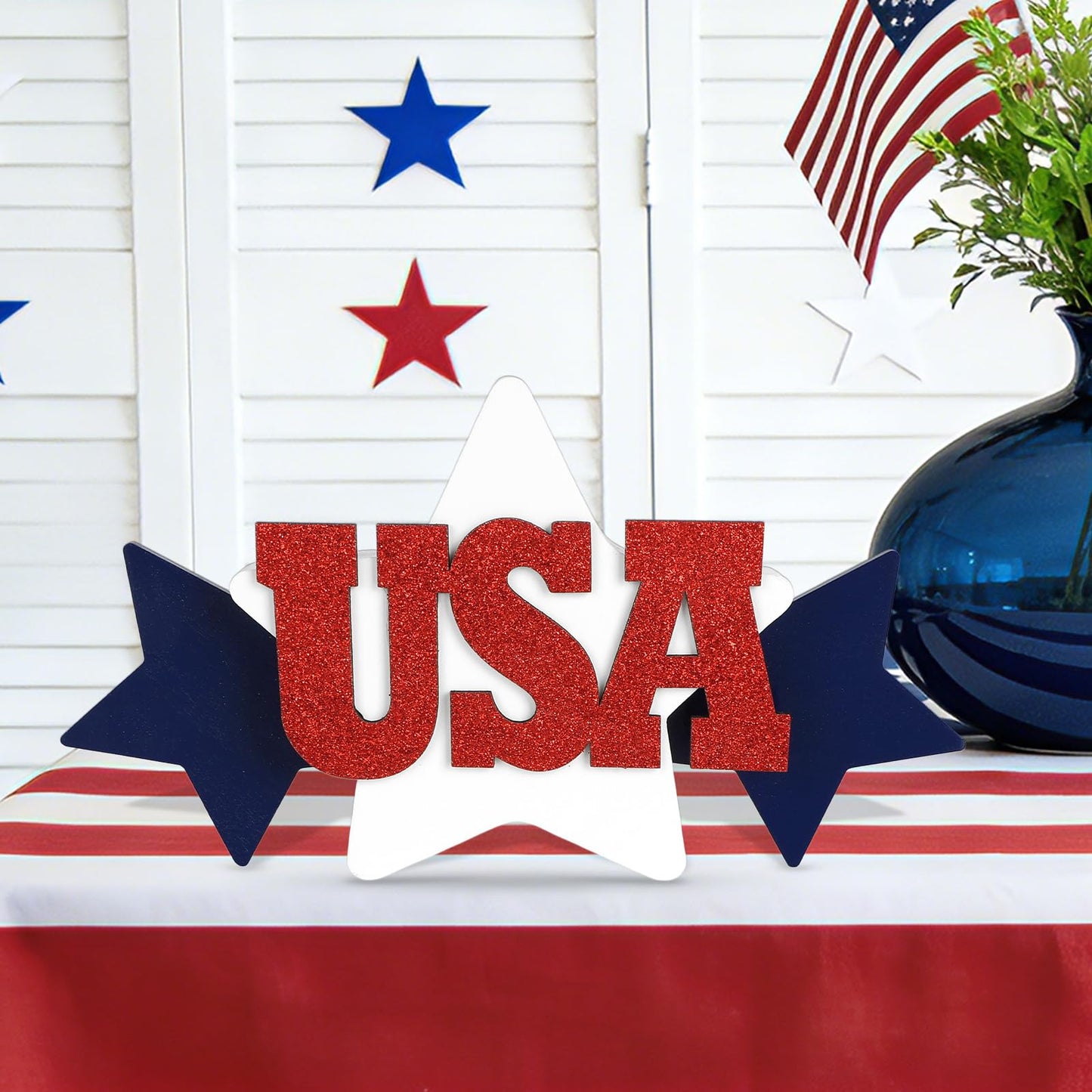 COCHIE Glitter USA Sign 4th of July Decorations for Office, Home, Table, Mantel, Shelf, Desk, 5x10 Inch Patriotic Memorial Day Star Sign, Wooden Red Blue White Decor Labor Day Centerpiece (Star)