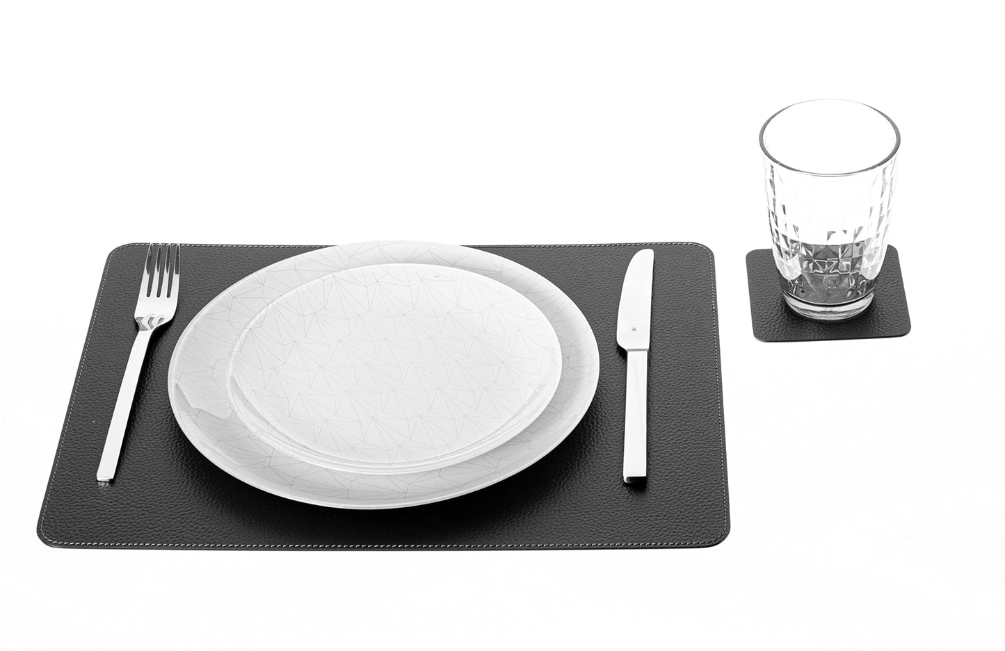 Nikalaz Set of Black Placemats and Coasters, 4 Table Mats and 4 Coasters, Recycled Leather, 18'' x 13''