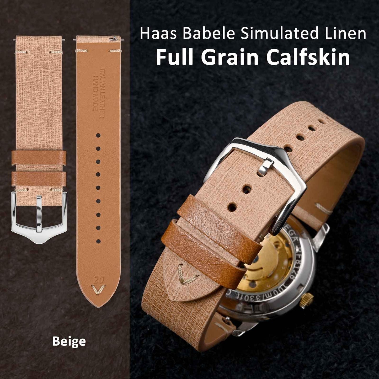 WOCCI 18mm Leather Watch Band, Full Grain Calfskin (Beige)
