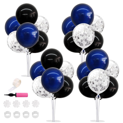 TONIFUL 4 Set Black Blue Silver Confetti Balloon Centerpieces for Table,Balloon Stand Kit for Graduation Decorations 2026 Blue Party Decorations,Retirement,Anniversary,Birthday Decoration for men