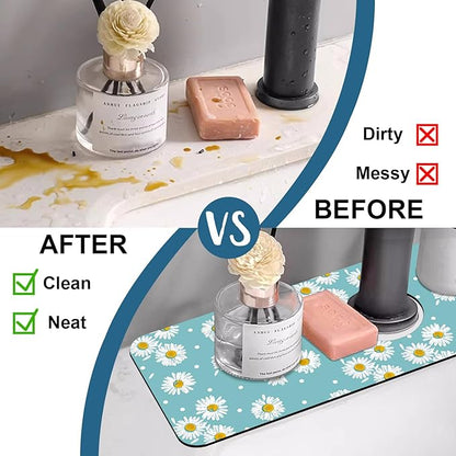 Cute Daisy Sink Faucet Absorbing Mat White Daisies Super Absorbent Fast Drying