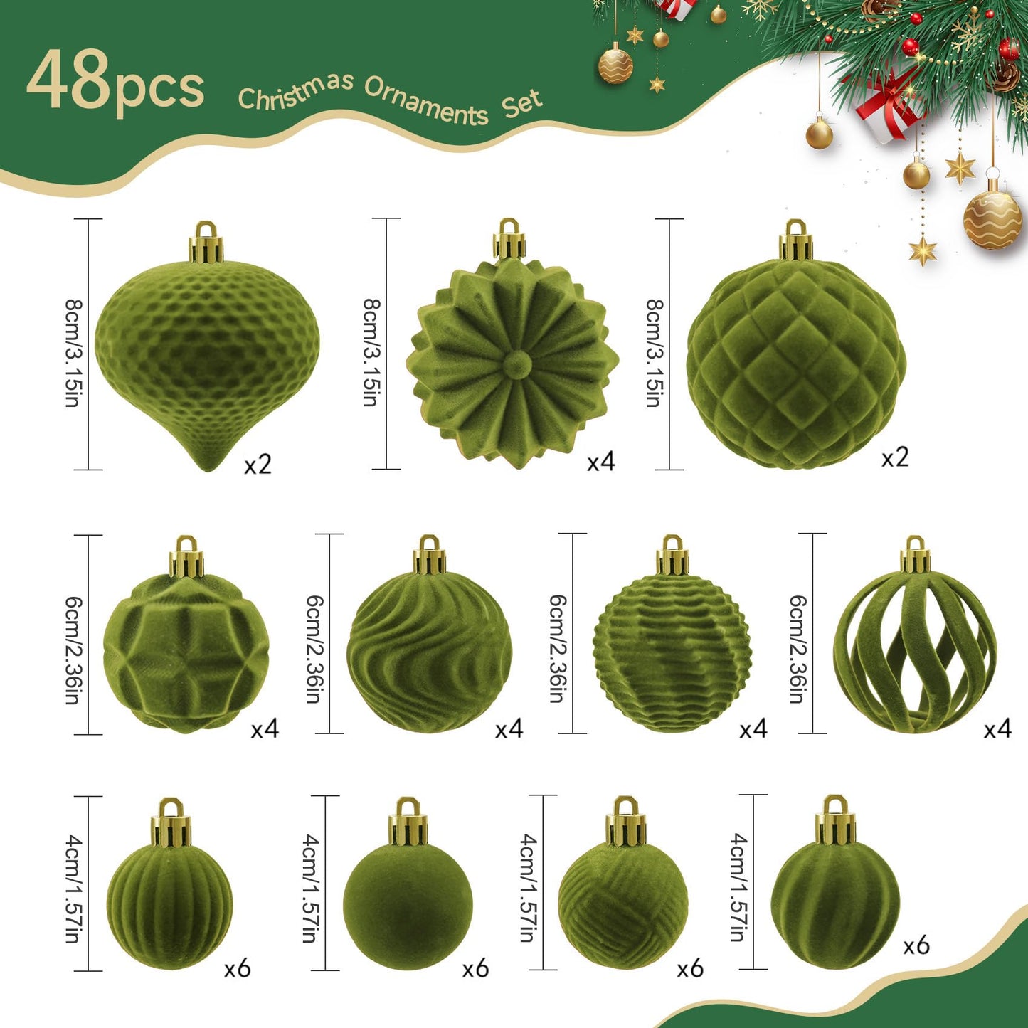 Velvet Christmas Balls 48pcs Flocked Christmas Tree Ornaments Set Shatterproof Christmas Ornaments with Hanging Rings Suitable for Xmas Tree Holiday Decor(Green)