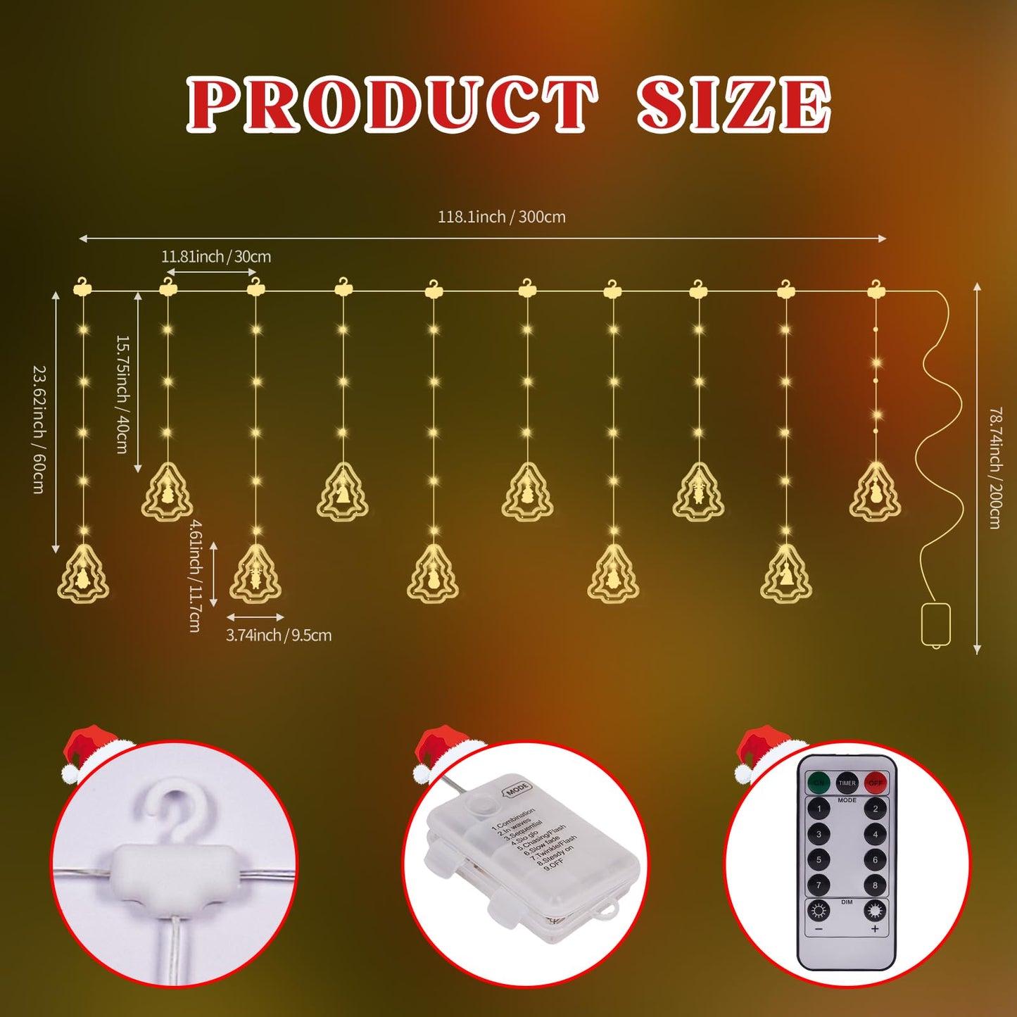 BomKra Christmas Tree Curtain Lights, Christmas Window Lights Decor with Remote,8 Lighting Modes, IP65 Waterproof, 10 Hooks Christmas Decorations Indoor Outdoor for Bedroom Party Wall Door Window