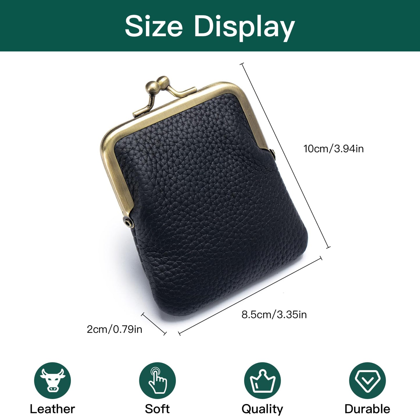 Genuine Leather Kiss Lock Coin Purse, Mini Wallet with Metal Clasp Frame, Small Change Holder, Gift for Women Men, Black
