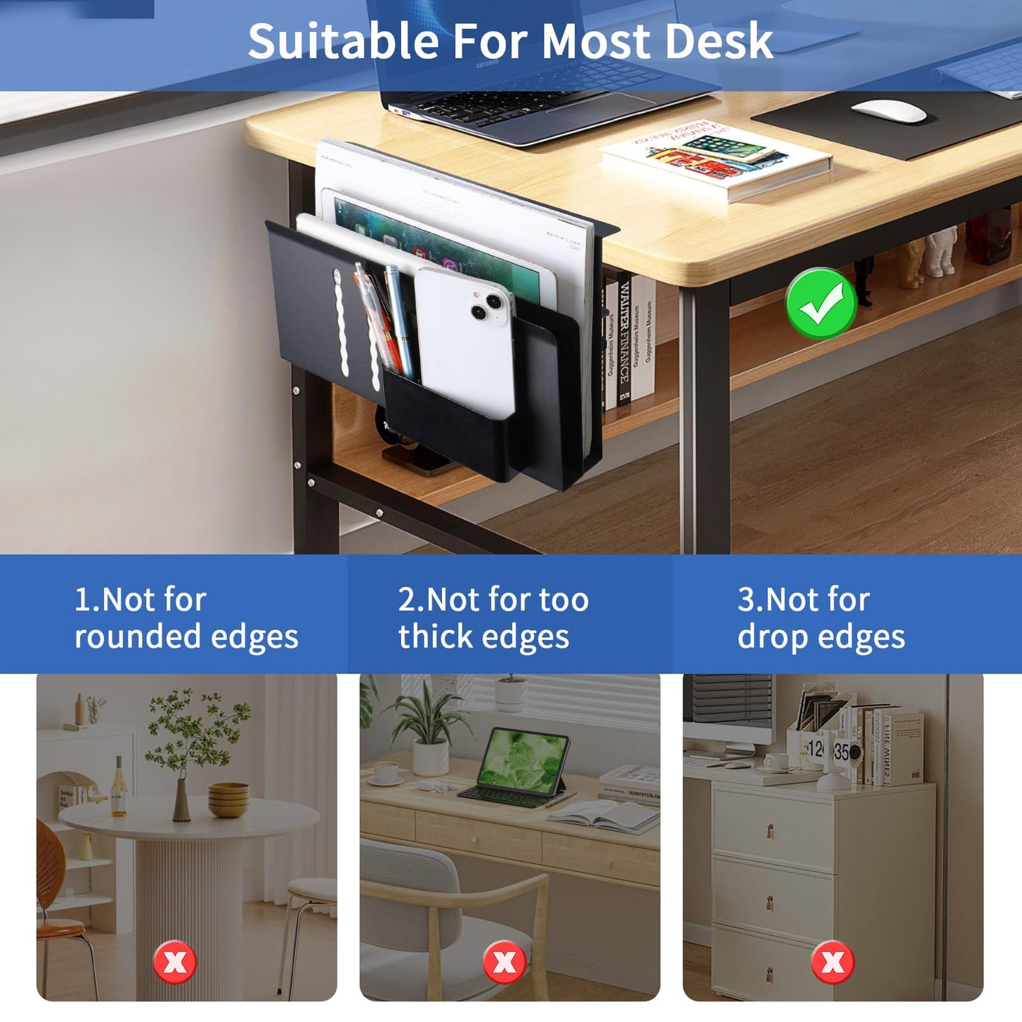 LUKETURE Desk Side Storage, 2 Tier Steel Hanging Organizer, No Drill Side Desk Organizer, Laptop Holder, with Pen Holder, Hanging Table Storage for Office Home, Fits Flat Edge Tables 0.3" to 2.8"