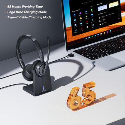 LEVN Wireless Headset, Wireless Headset with Mic for Work, AI Noise Cancelling, 65 Hrs Working Time, Bluetooth Headphones with Microphone from Computer/Call Center/Teams