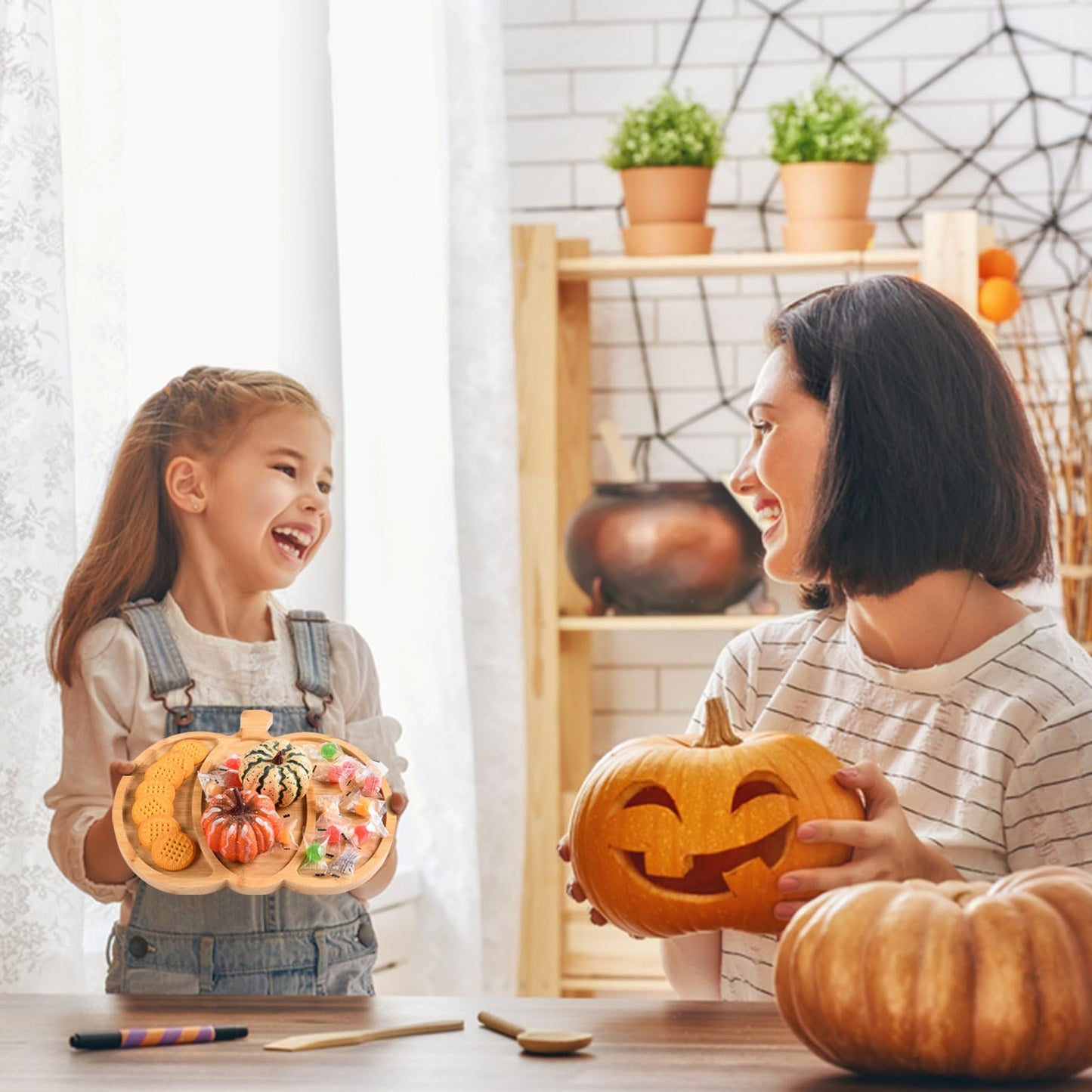 AWIZOM 2 Pcs Halloween Wood Serving Platters Ghost and Sectional Pumpkin Shaped Halloween Wooden Charcuterie Boards Bamboo Serving Trays Wood Snack Dish Plates for Fall Holiday Housewarming Presents