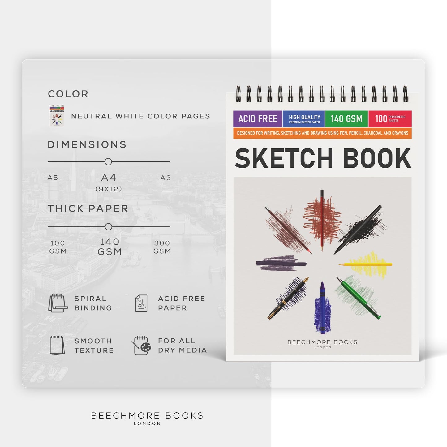 BEECHMORE BOOKS 9"x12" Spiral Bound Sketchbook - 100 Perforated Sheets 140 GSM (95lb) Acid-Free White Paper, Premium Professional Artist Sketch Pad, Art Supplies for Adults Students Drawing Notebook