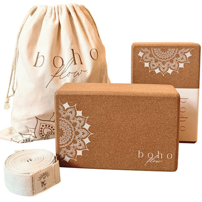 Boho Flow Cork Yoga Block Set – 2 Pack with Strap & Canvas Bag | Luxury Portuguese Yoga Blocks 9”x6”x3” | Heavy-Duty, Non-Slip Support | Eco-Friendly, Plastic-Free Materials
