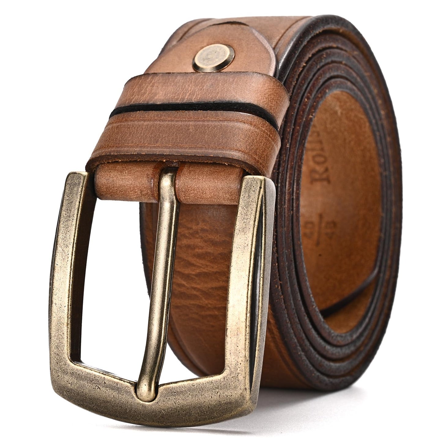 Rollslatte Full Grain Italian Genuine Leather Belt for Men, Retro Brass Buckle Cowboy Western Belt Casual Dress Jeans, Gift for Husband, Father, Boyfriend Size 38