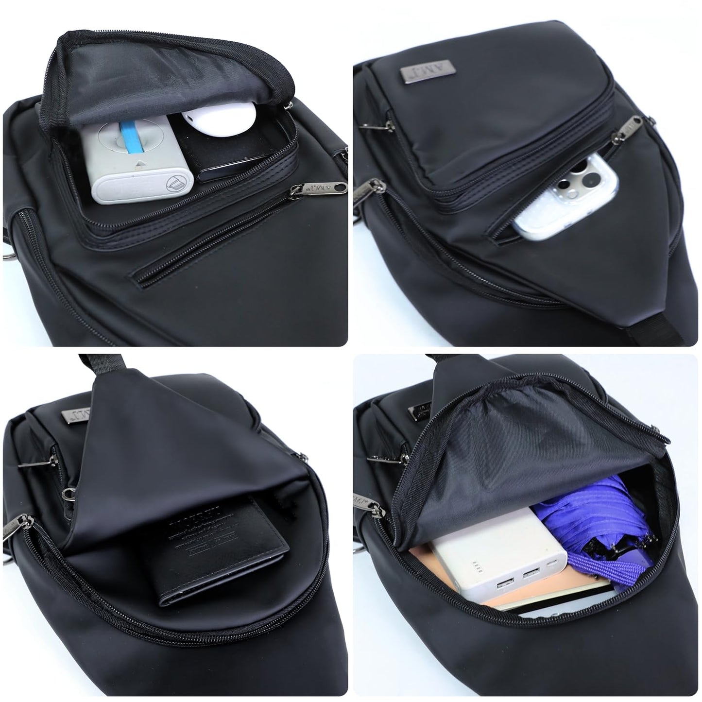 AMJ Crossbody Sling Bag Men Women, Casual Shoulder Backpack, Chest Daypack Satchel for Hiking Travel (Black Leather, Small)