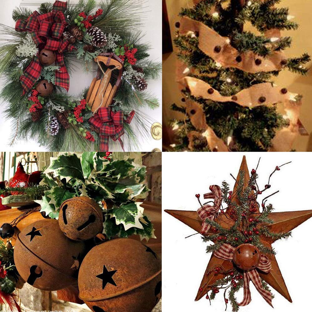 Winlyn 80 Pcs Rusty Metal Christmas Sleigh Bells Jingle Bells Rustic Craft Bell 1-1/2" and Dimensional Mini Rusted Metal Barn Stars with Jute Twine Plaid Ribbon for Christmas Tree Holiday Season Decor