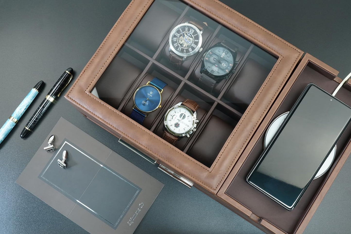 Lifomenz Co Men's Jewelry Box Organizer with Charging Station & Drawer - Premium Valet Tray for Watch, Phone, Wallet Storage - Brown
