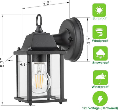 LIT-PaTH Outdoor Wall Lantern, Wall Sconce as Porch Lighting Fixture, E26 Base, Aluminum Housing Plus Glass, Water-Proof and Outdoor Rated, ETL Qualified, 2-Pack, Black