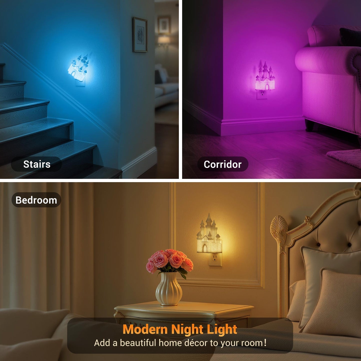 JandCase Night Lights Plug into Wall,3D Printed Castle RGB Night Light,2 Pack 10-Color Change Night Light,Dimmable Nightlights with Dusk to Dawn Sensor for Rooms Bathroom Hallway