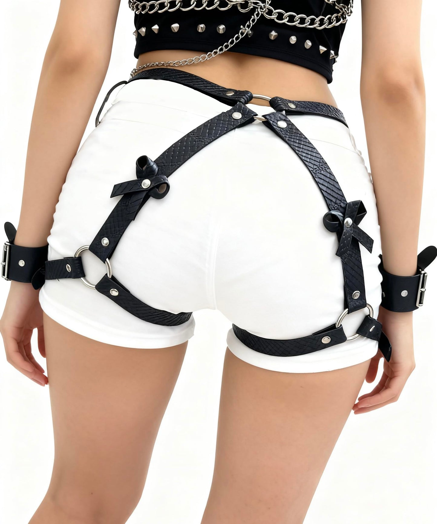 Punk Leather Thigh Straps & Harness,Black Print Body Harness Belt with Adjustable Gothic Waistband and Leg Garter Belts for Women,Valentine's Day Club Rave Party Festival Outfit,Rock Fashion Accessory