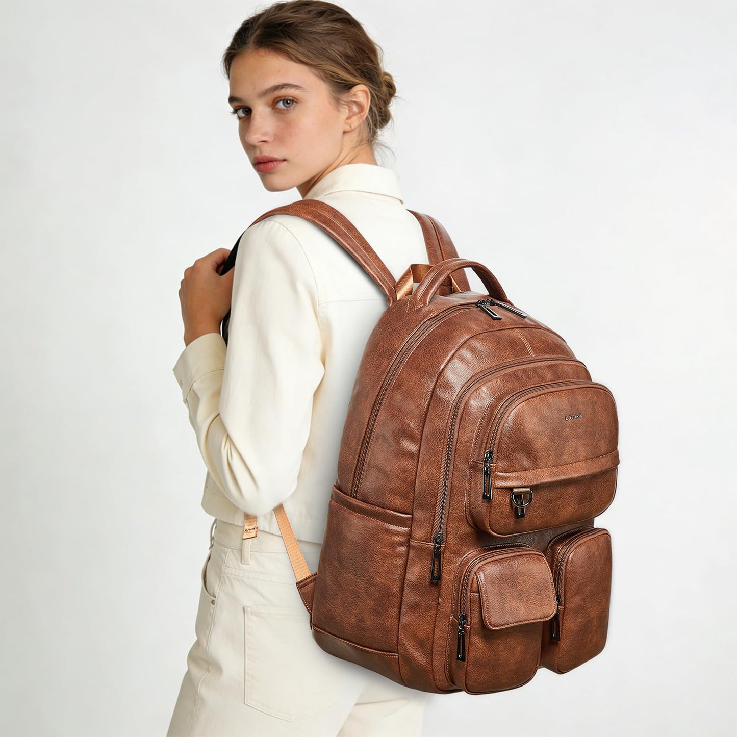 LATMAP Vegan Leather Backpack Purse for Women Men 17 Inch Laptop Backpack for Travel Multipurpose Design Ladies Work College Handbag Shoulder Bag - Brown