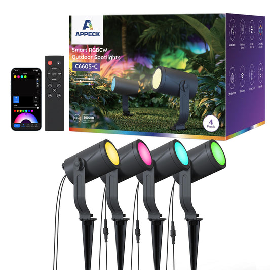APPECK Smart Landscape Lighting Kit 24W, Color Changing Landscape Lights 4 Pack, RGBCW Outdoor Spot Lights IP65 Waterproof, for Garden Yard Pathway Holiday Decor, Compatible with Alexa