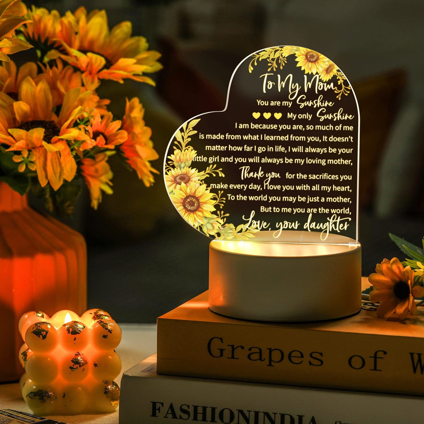 Jetec Mothers Day Birthday Gifts from Daughter Son Christmas Thank You Gift for Mom Sunflower Engraved Acrylic Heart Lamps USB Low Power Night Light Table Decor(to My Mom)