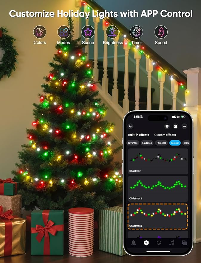 Ollny Smart Christmas Lights, 131FT 400 LED APP Control RGB Color Changing Christmas Tree Lights with Remote, Programmable DIY Musical Waterproof Decor Light with Timer for House Indoor Outdoor House
