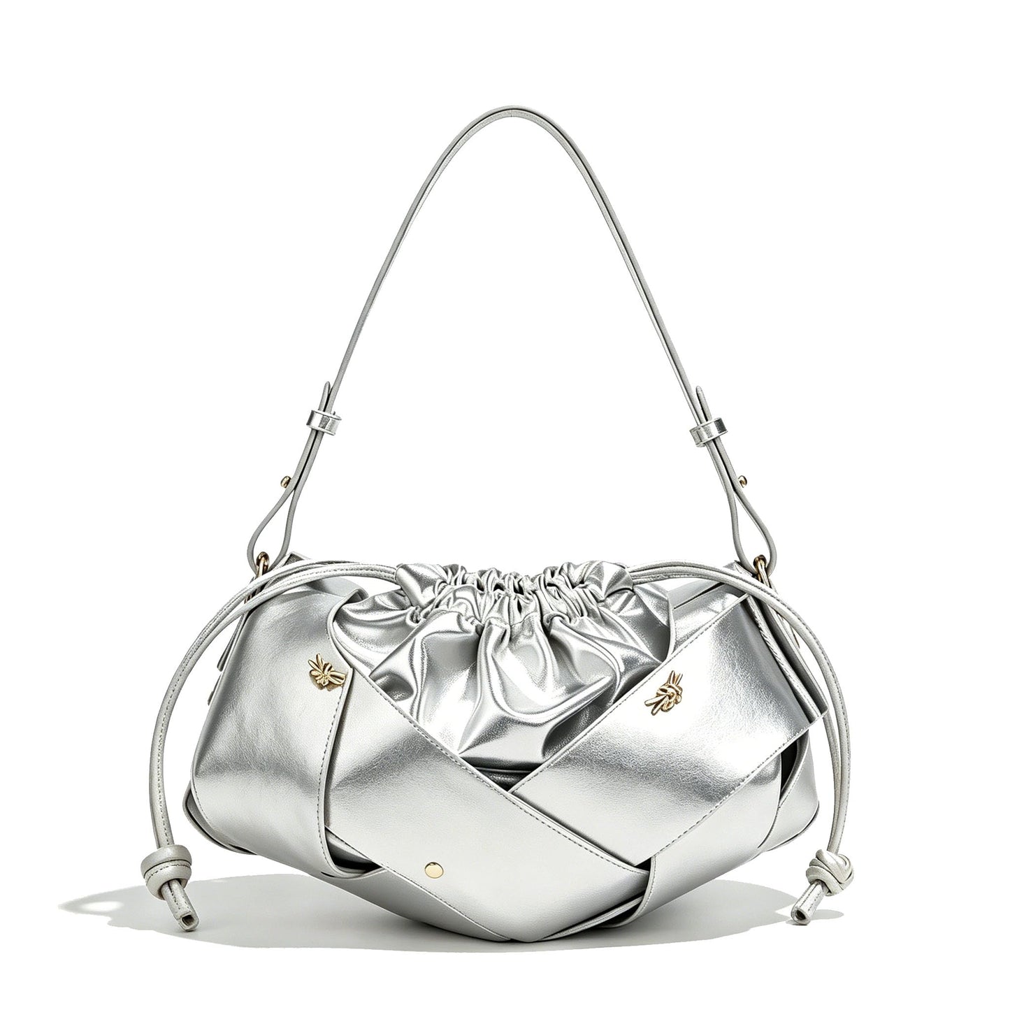Ophlid Gold Drawstring Bag for Women Evening Bucket Purse Woven Pu Leather Hobo Handbag Cloud Clutch Purse Silver