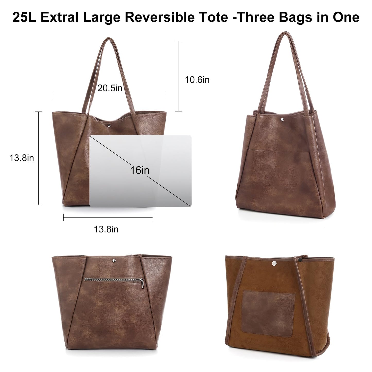 Large Tote Bag for Women Work 25L Travel Vegan Leather Ladies Handbags Weekender Purses Dark Brown