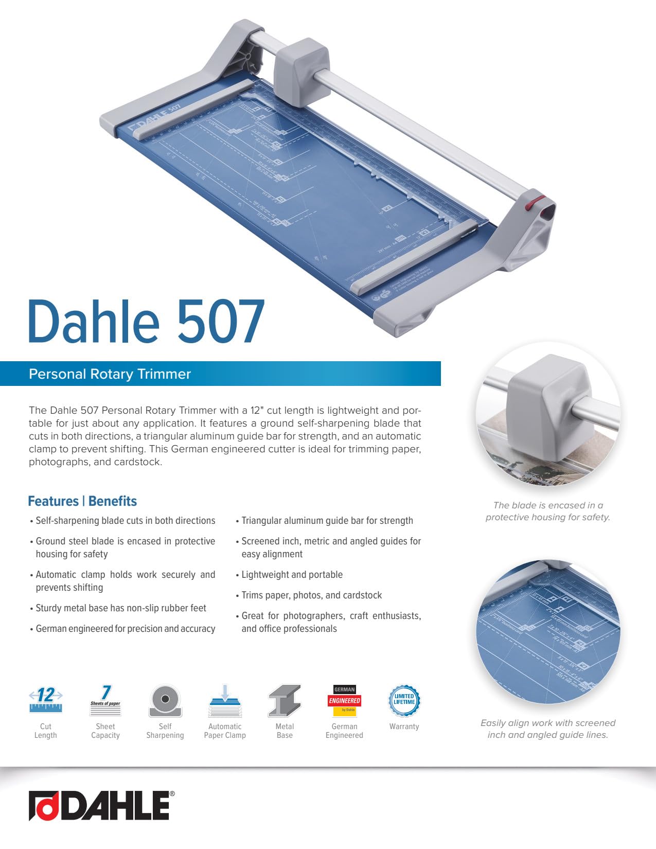 Dahle 507 Personal Rotary Trimmer, 12" Cut Length, 7 Sheet Capacity, Self-Sharpening, Automatic Clamp, German Engineered Paper Cutter