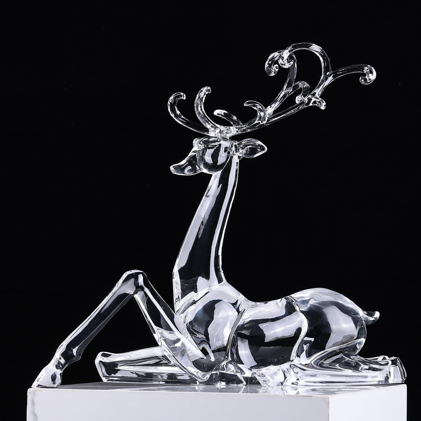 LINYTHER Large Luxury Clear Acrylic Reindeer Figurine for Christmas Decor, Elegant Transparent Crystal-Like Deer Sculpture for Table, Shelf, and Decorative Centerpiece (White Sitting 11.4")